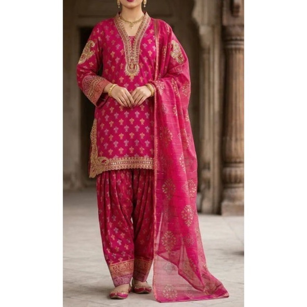 Diara 3pc Farshi Shalwar JK24 Kurta Set w/ Dupatta - Shocking Pink - Medium
